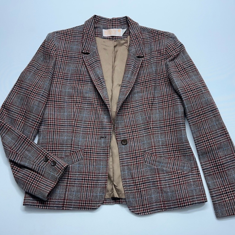 Vtg Pendleton Wool Blazer Womens Small Brown Tweed Houndstooth Jacket Made USA